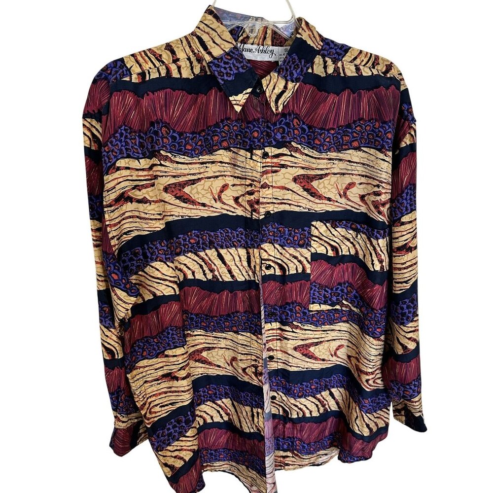 Vt Jane Ashley Womens Silk Button Up Shirt Medium Multicolor Abstract Print 90s
